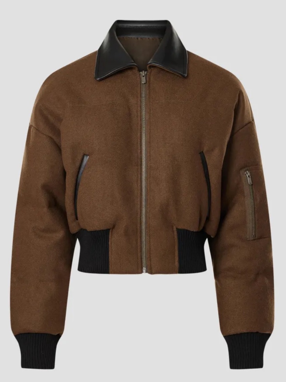 Saunders Brown Cropped Bomber Jacket with Leather Collar
